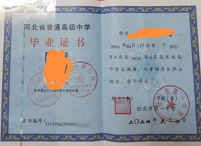 大名任丘市第一中学高中毕业证样本图片